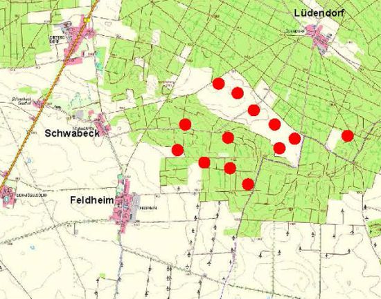 WEA Bestand (schwarze Kreuze), geplante WEA (rote Punkte) WEA Bestand (schwarze Kreuze), geplante WEA (rote Punkte)